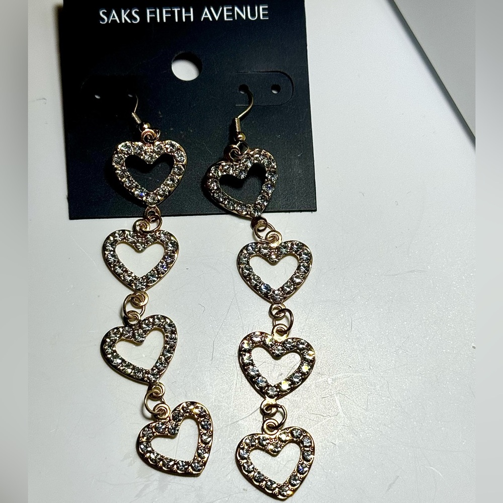 Saks Fifth Avenue Gold Tone 4 Dangling Heart  Pave Crystal Hook Earrings